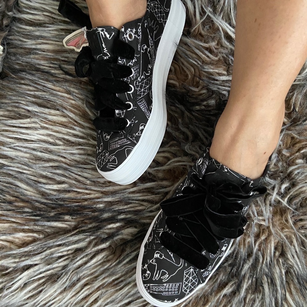 Keds Black and White Graphic Velvet-Lace Sneakers